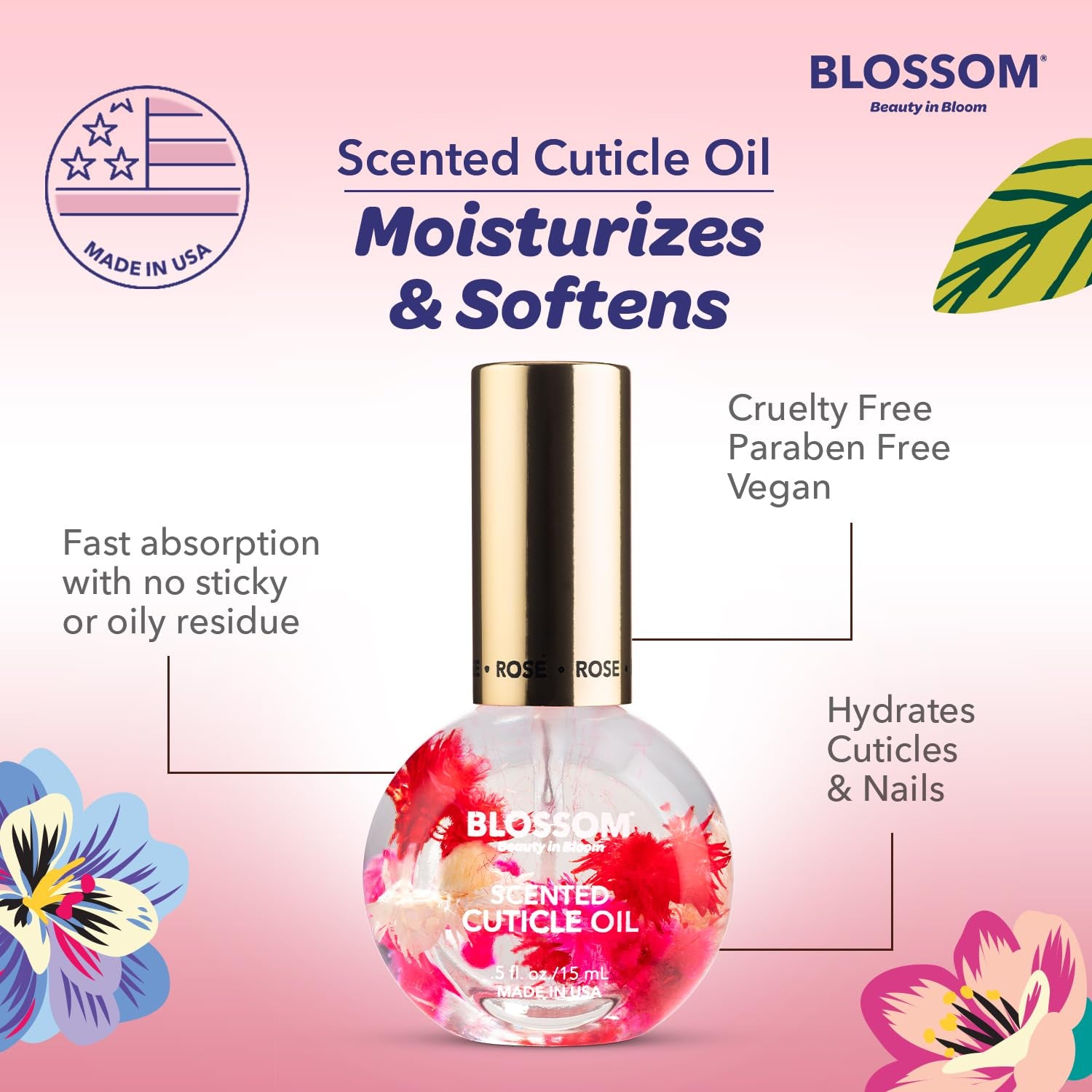 Scented Cuticle Oil, Infused with Real Flowers, Hydrating, Moisturizing, Strengthening, Made in USA, 0.5 Fl. Oz, Rose