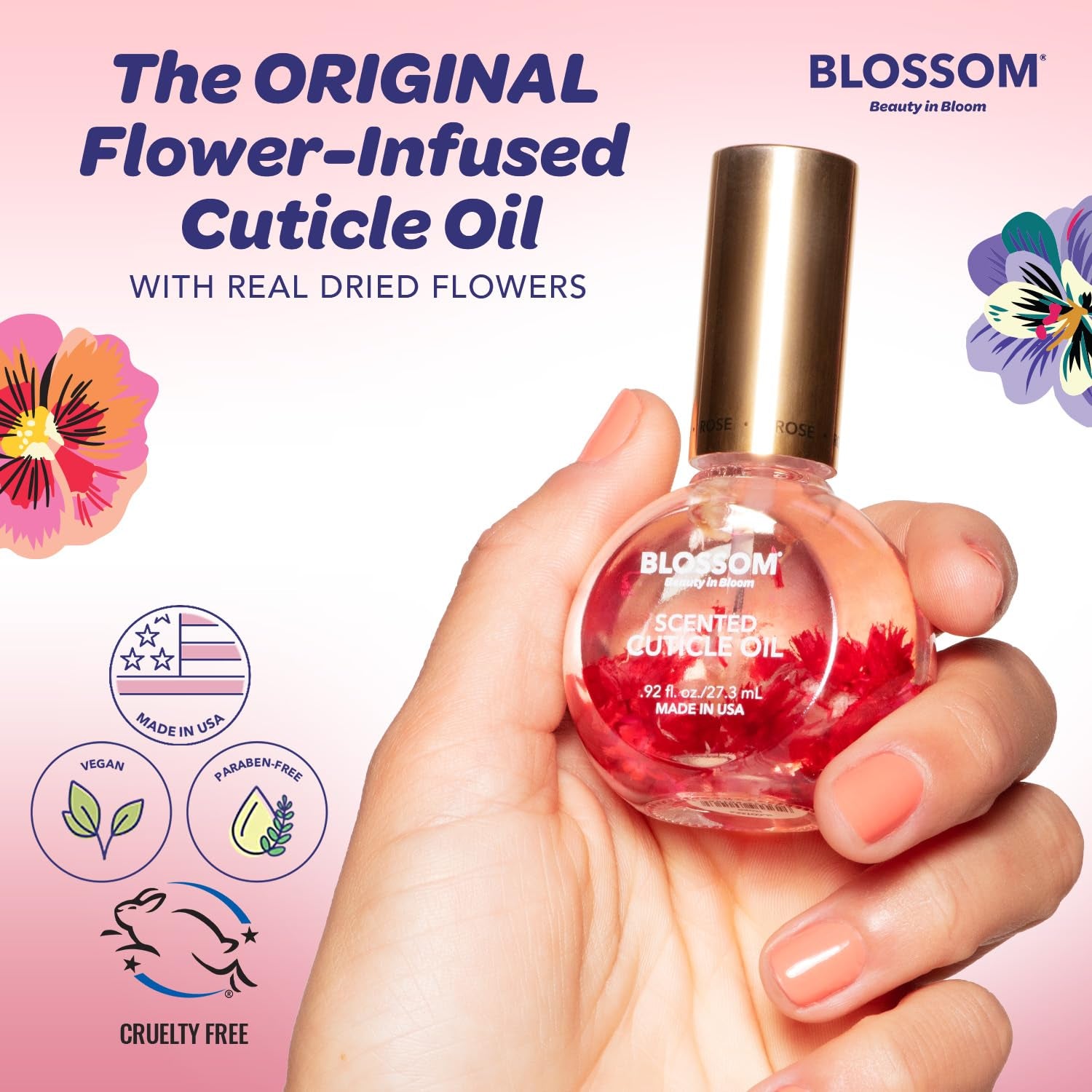 Scented Cuticle Oil, Infused with Real Flowers, Hydrating, Moisturizing, Strengthening, Made in USA, 0.5 Fl. Oz, Rose