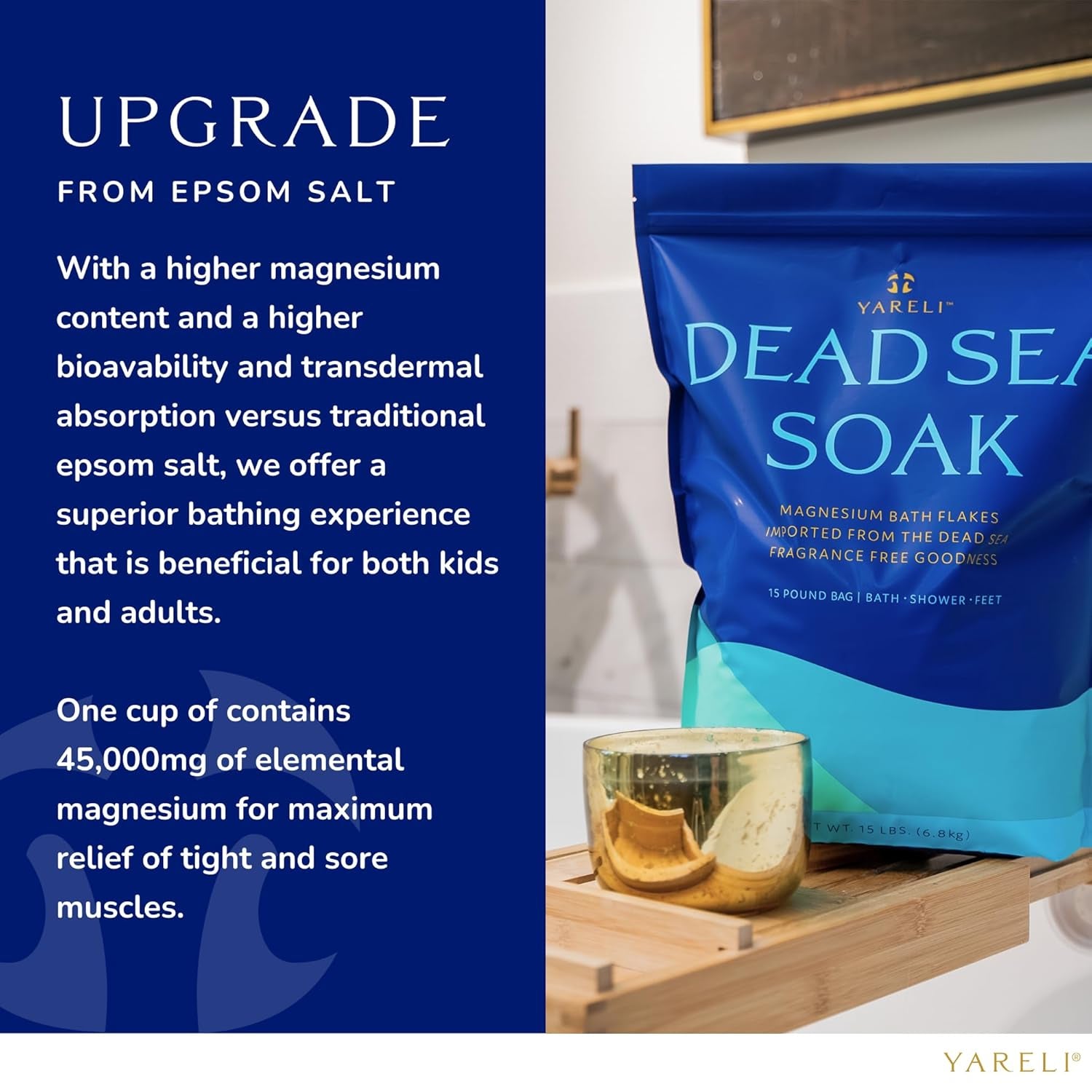 Magnesium Flakes, 15Lb, Dead Sea Bath & Foot Soak, Alternative to Epsom Salt with over 800,000Mg of Magnesium Chloride per Bag